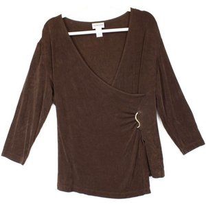Chico's Travelers Blouse Women Large Slinky Stretch 3/4 Sleeves Faux Wrap Brown